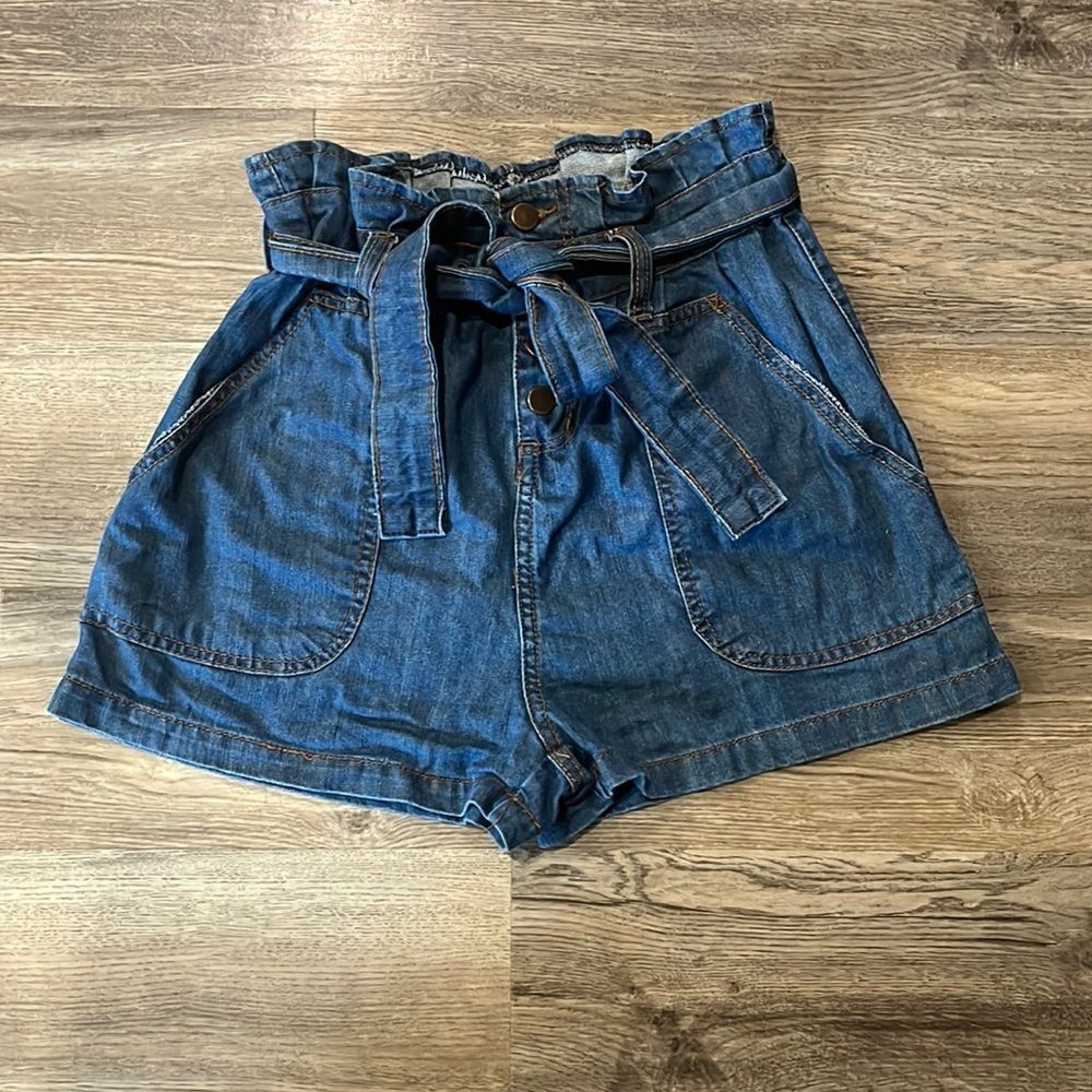 PrettyLittleThing Blue High Waist Paperbag Denim Shorts